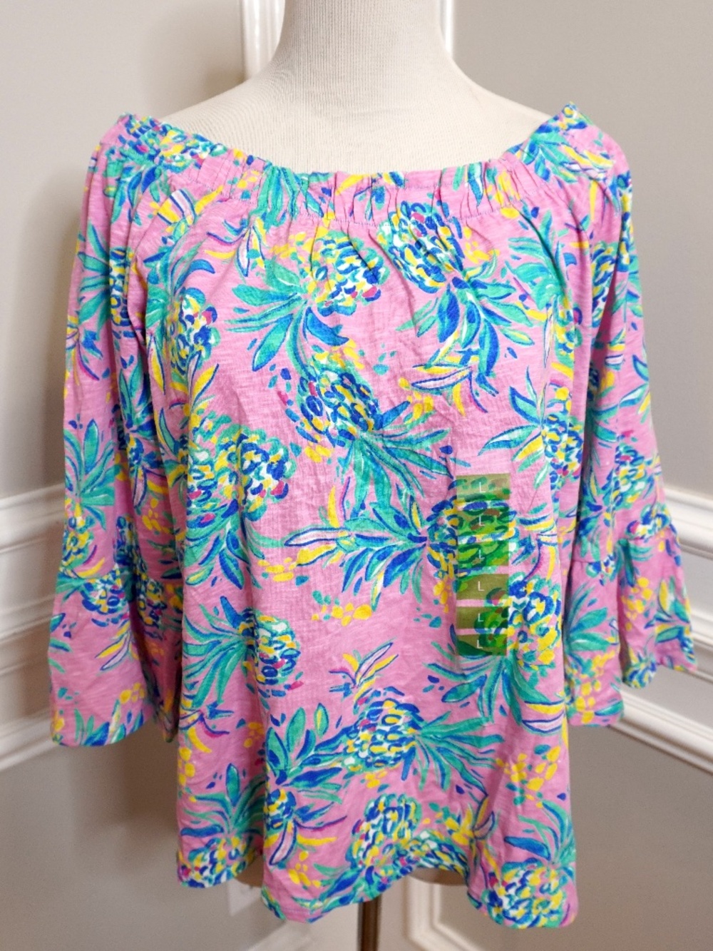 NEW Stella Parker Top Womens Multicolor Pineapple Print Bell Sleeve, Size L